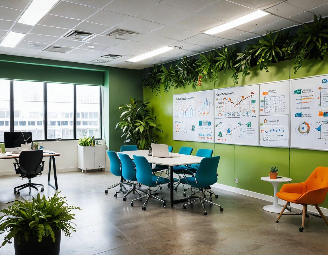 A vibrant office scene depicting diverse employees engaged in collaborative work, with one-on-one coaching sessions happening in bright, open spaces. Include elements of joy such as laughter, creative brainstorming on whiteboards, and plants for a refreshing atmosphere. Showcase career development visuals like upward arrows and growth charts around them, symbolizing opportunities. Use warm colors and an inviting layout to enhance the feeling of a joyful workplace. super-realistic. vibrant colors. 3D.