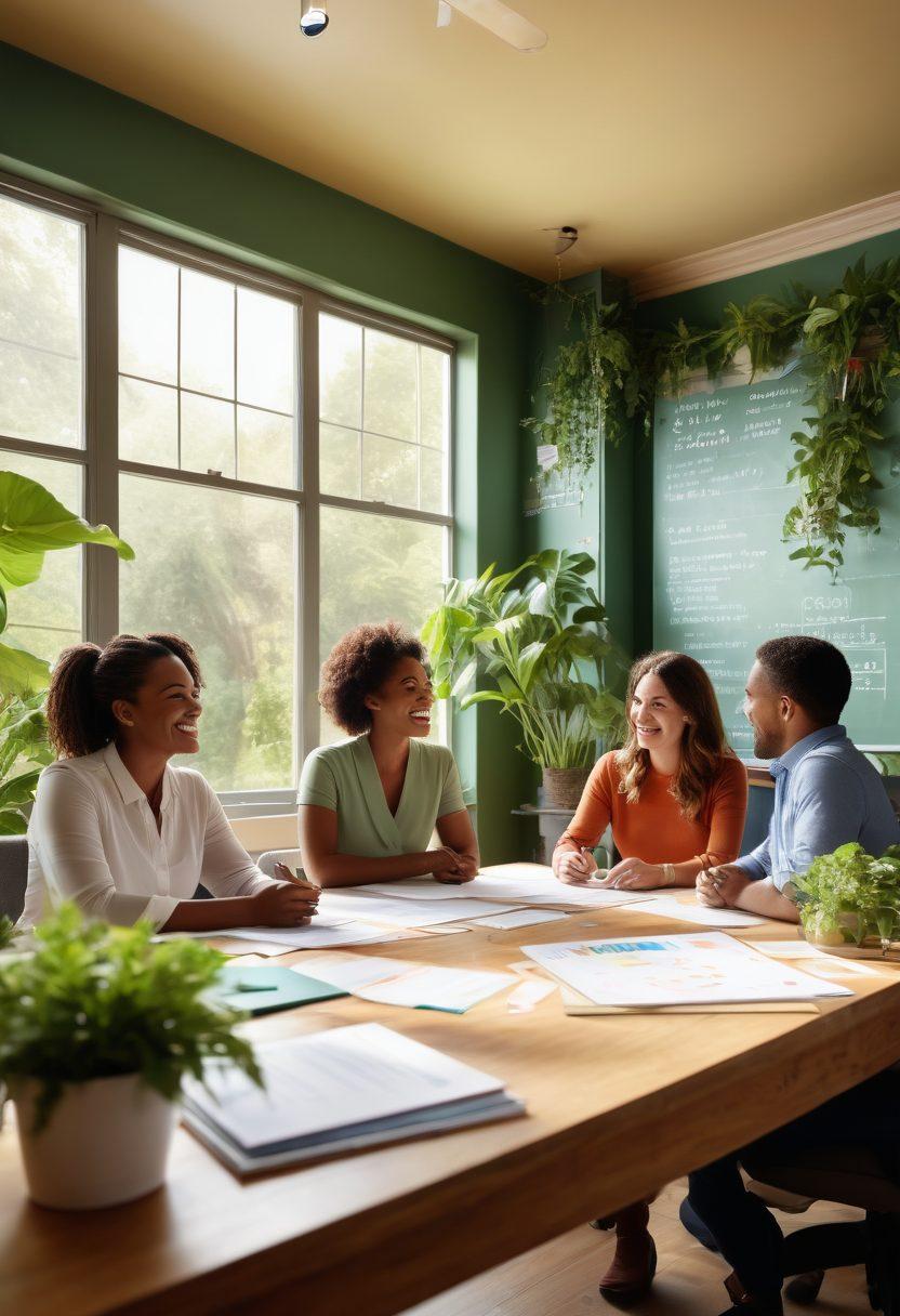 An office scene depicting a diverse group of professionals joyfully collaborating, surrounded by green plants and bright sunlight streaming through large windows. Include elements symbolizing growth such as arrows or graphs in the background, and a chalkboard with positive affirmations. The atmosphere should convey happiness and teamwork as foundations for success. vibrant colors. 3D.