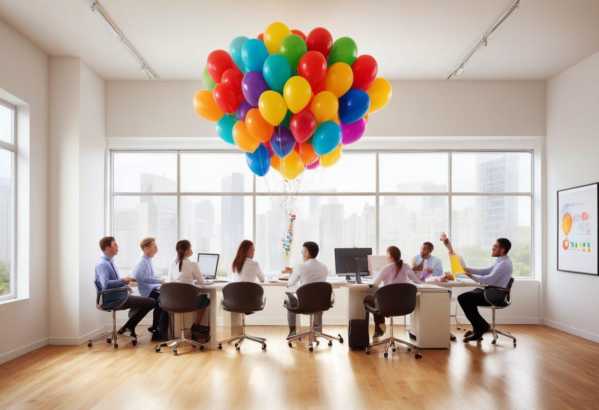A vibrant office scene depicting a diverse group of joyful employees collaborating and sharing ideas, surrounded by symbols of happiness like colorful balloons and a shining key. Soft sunlight streams through large windows, illuminating motivational quotes on the walls. Include smiling faces, teamwork, and elements representing career growth like charts and upward arrows. super-realistic. vibrant colors. white background.